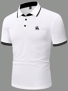 Manfinity Mode 男士馬印花拼接邊POLO衫 - 白色 - 查看 4