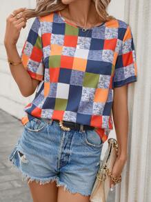 SHEIN LUNE Plaid Print Round Neck Blouse - Multicolor - View 2