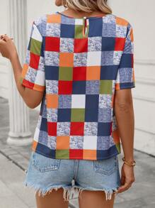 SHEIN LUNE Plaid Print Round Neck Blouse - Multicolor - View 3