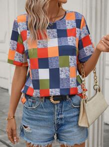 SHEIN LUNE Plaid Print Round Neck Blouse - Multicolor - View 5