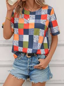 SHEIN LUNE Plaid Print Round Neck Blouse - Multicolor - View 1
