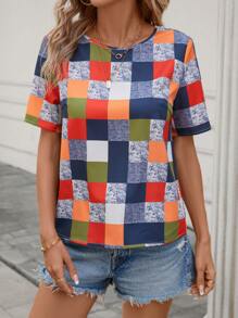 SHEIN LUNE Plaid Print Round Neck Blouse - Multicolor - View 6