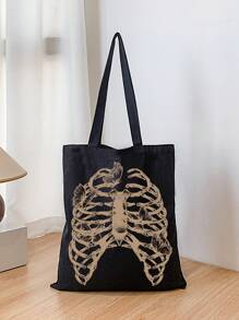 New Now Artist Dark Fashionable Canvas Bag With Skeleton Pattern, Holiday - Black - View 1