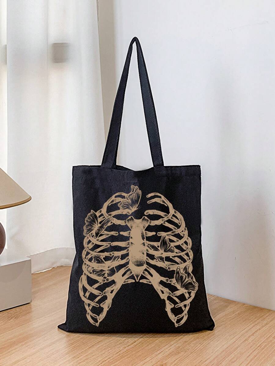 New Now Artist Dark Fashionable Canvas Bag With Skeleton Pattern, Holiday - Black - View 1