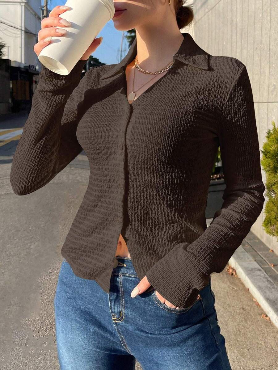 DAZY 纯色纽扣前开衬衫长袖上衣 - 咖啡棕 - 查看 1