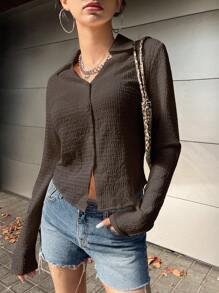 DAZY 纯色纽扣前开衬衫长袖上衣 - 咖啡棕 - 查看 3