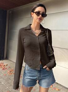 DAZY 纯色纽扣前开衬衫长袖上衣 - 咖啡棕 - 查看 5