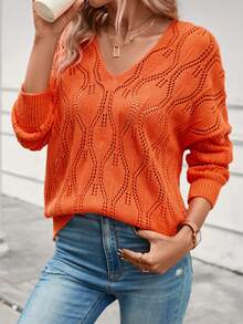 SHEIN LUNE Pointelle Knit Drop Shoulder Jumper - Orange - View 3