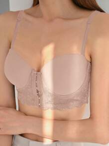 DAZY 女士撞色蕾丝钩扣式钢圈文胸内衣 - 藕粉色 - 查看 5