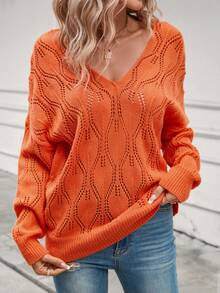 SHEIN LUNE Pointelle Knit Drop Shoulder Jumper - Orange - View 6