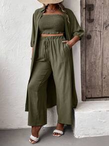 Mulvari Plus Solid Tube Top & Wide Leg Pants & Coat