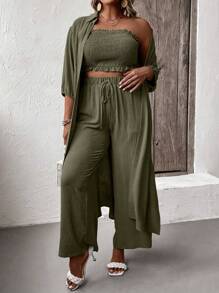 Mulvari Plus Solid Tube Top & Wide Leg Pants & Coat