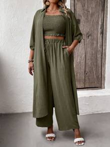 Mulvari Plus Solid Tube Top & Wide Leg Pants & Coat