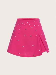 SHEIN Cô gái Tween Ngọc trai đính cườm Váy - Màu Hồng Tươi - Xem 1