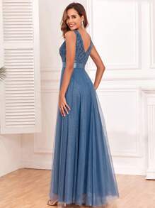 V领撞色亮片网纱A字优雅正式礼服，女士伴娘礼服，适合婚礼、毕业典礼、晚宴及其他场合 - 霧霾藍 - 查看 2