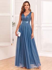 V领撞色亮片网纱A字优雅正式礼服，女士伴娘礼服，适合婚礼、毕业典礼、晚宴及其他场合 - 霧霾藍 - 查看 5