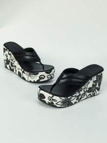 女士花卉圖案涼鞋,時尚夏天夾腳設計坡跟涼鞋 - 黑色 - 查看 3