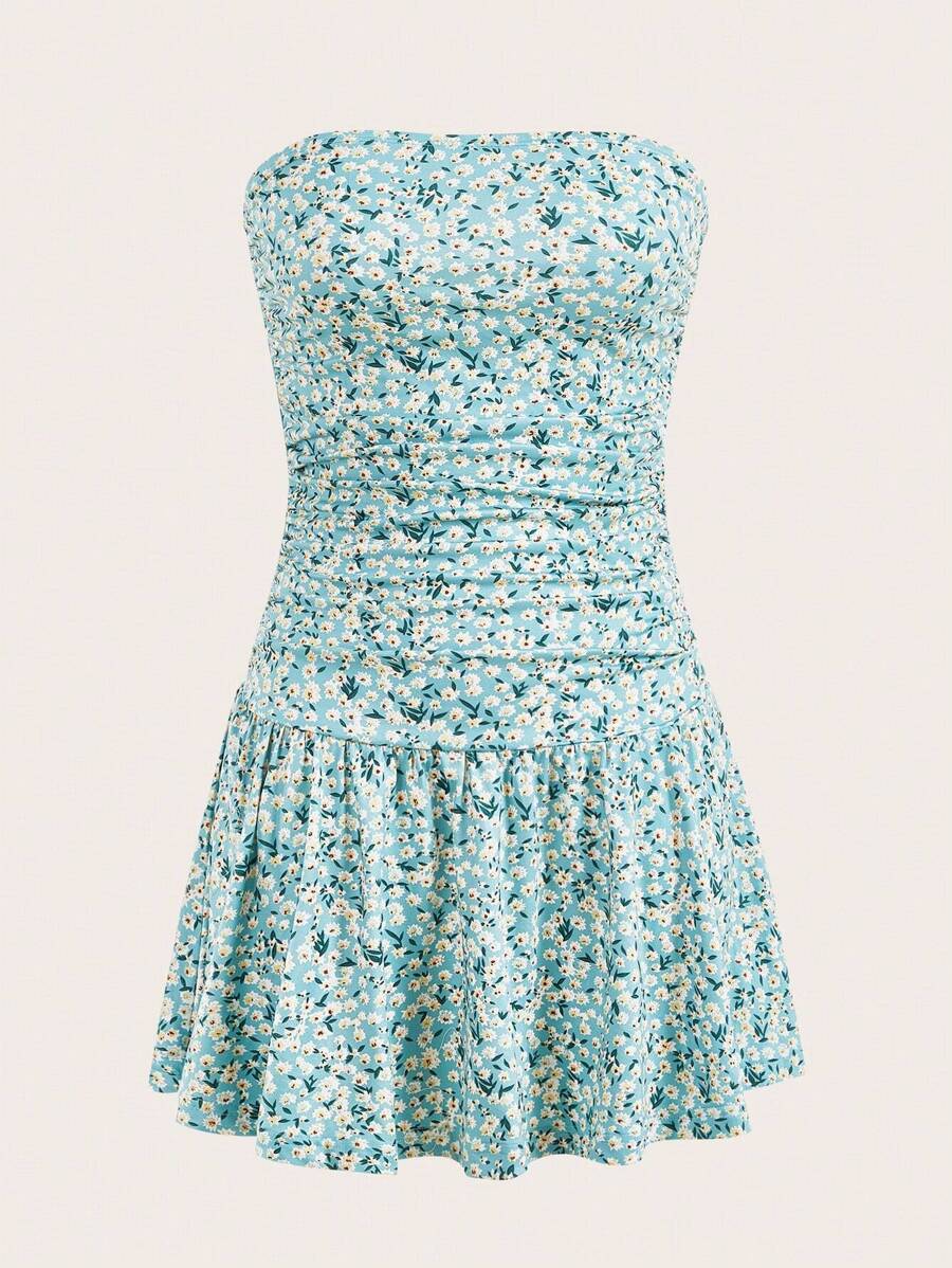 SHEIN EZwear Ditsy Floral Print Ruffle Hem Tube Dress - Multicolor - View 1