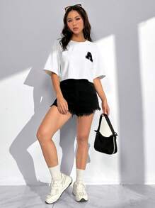 SHEIN EZwear Letter Patched Drop Shoulder Tee - White - View 4