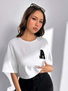 SHEIN EZwear Letter Patched Drop Shoulder Tee - White - View 6