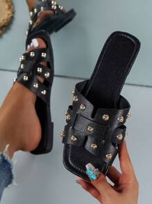 Fashionable Black Flat Sandals For Women, Perfect For Party, Vacation, Spring, Summer, Fall & Winter, With Versatile Weaved & Studs Design And Open Toe Stylish Look