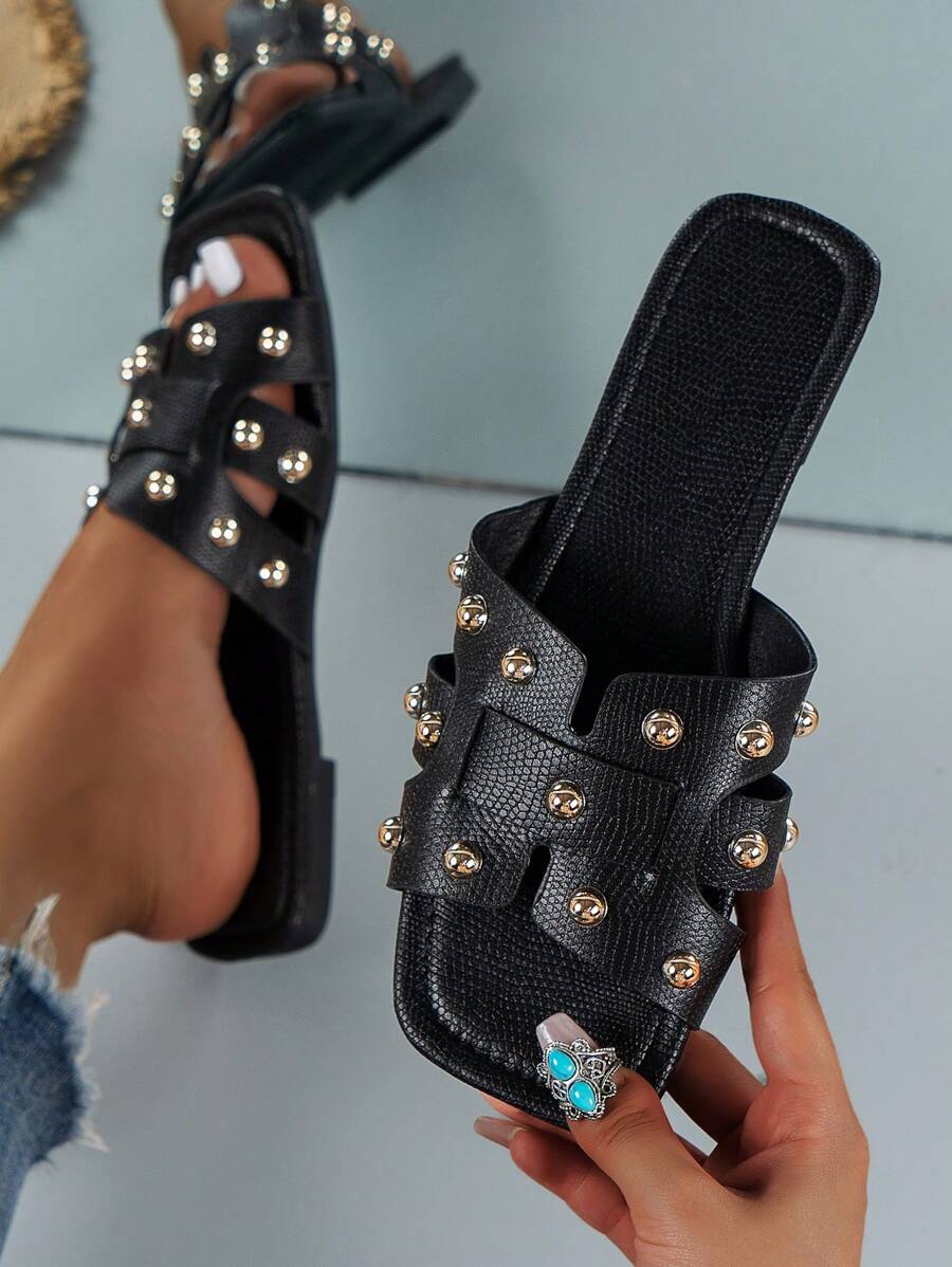 Fashionable Black Flat Sandals For Women, Perfect For Party, Vacation, Spring, Summer, Fall & Winter, With Versatile Weaved & Studs Design And Open Toe Stylish Look