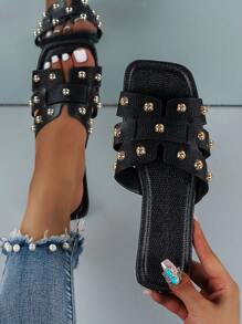 Fashionable Black Flat Sandals For Women, Perfect For Party, Vacation, Spring, Summer, Fall & Winter, With Versatile Weaved & Studs Design And Open Toe Stylish Look