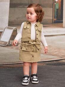 SHEIN Đứa bé gái Chi tiết về Flap Thắt lưng Áo khoác vest & Váy Without Tee - Màu Khaki - Xem 1