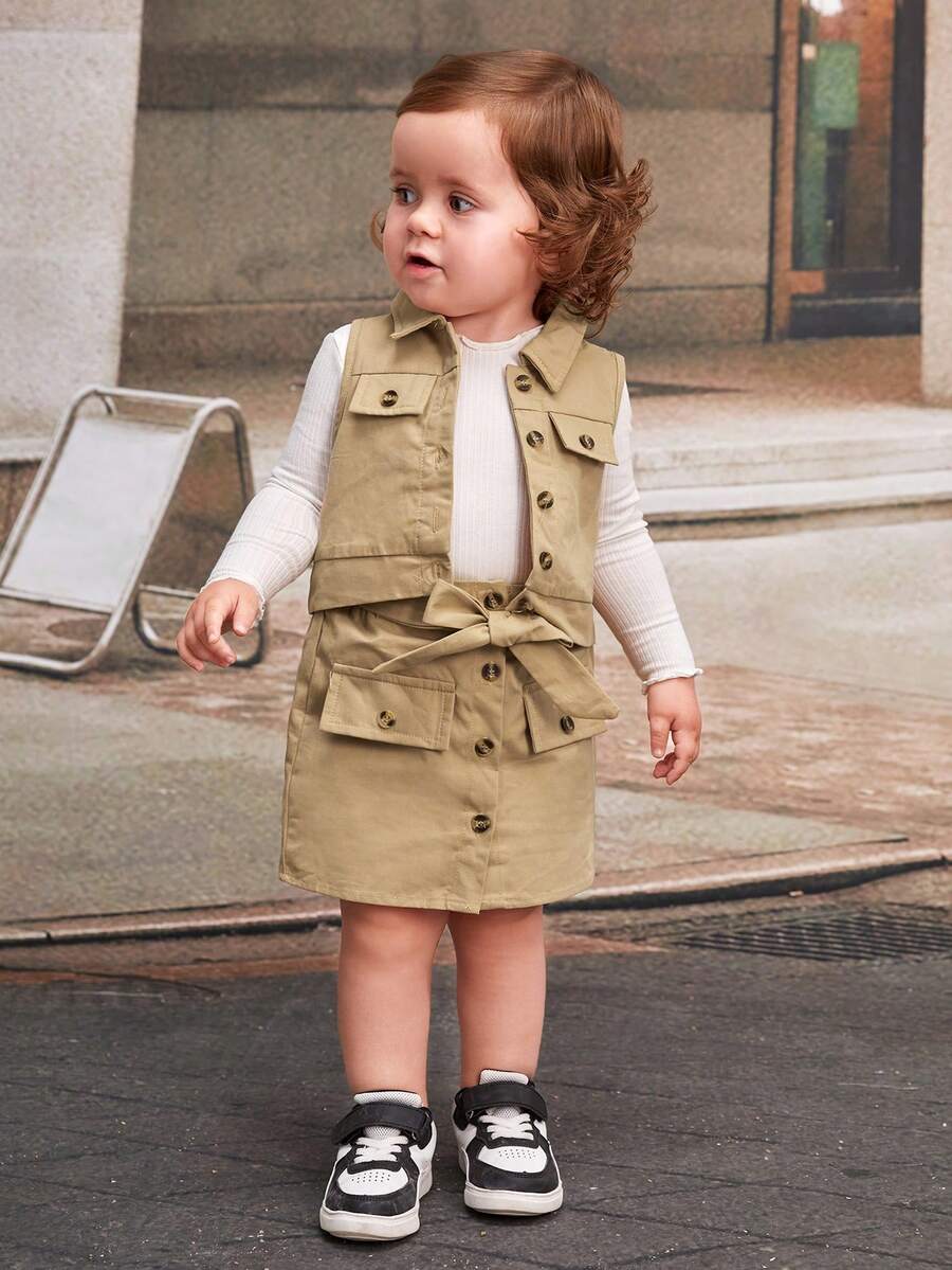 SHEIN Đứa bé gái Chi tiết về Flap Thắt lưng Áo khoác vest & Váy Without Tee - Màu Khaki - Xem 1
