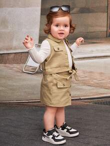 SHEIN Đứa bé gái Chi tiết về Flap Thắt lưng Áo khoác vest & Váy Without Tee - Màu Khaki - Xem 3