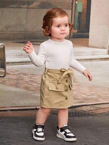 SHEIN Đứa bé gái Chi tiết về Flap Thắt lưng Áo khoác vest & Váy Without Tee - Màu Khaki - Xem 5