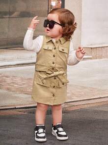 SHEIN Đứa bé gái Chi tiết về Flap Thắt lưng Áo khoác vest & Váy Without Tee - Màu Khaki - Xem 6