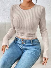 SHEIN Frenchy 蕾絲拼接貝殼邊短款T恤 - 卡其色 - 查看 6