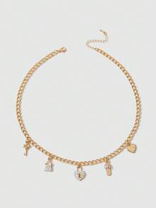 1入組女孩水鑽心和鑰匙墜飾鏈條樣式項鍊適用於生日禮物 - 金黃色 - 查看 7