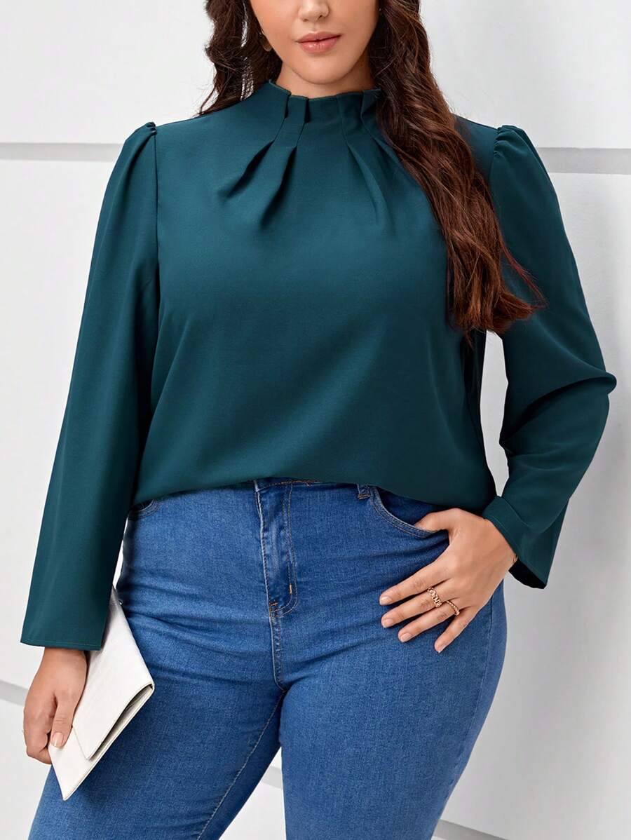 SHEIN Clasi Talla grande Blusa ribete fruncido de manga farol - Agua verde azul - Ver 1