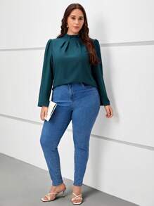 SHEIN Clasi Talla grande Blusa ribete fruncido de manga farol - Agua verde azul - Ver 3