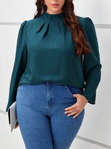 SHEIN Clasi Talla grande Blusa ribete fruncido de manga farol - Agua verde azul - Ver 5