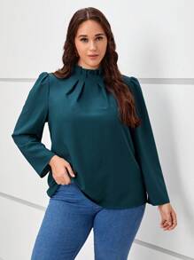 SHEIN Clasi Talla grande Blusa ribete fruncido de manga farol - Agua verde azul - Ver 6