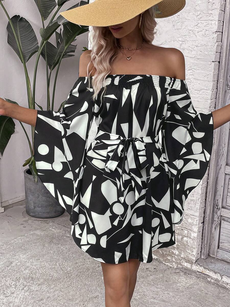 SHEIN VCAY Đầm Thắt lưng Hình học Tất cả trên in Giải trí - Đen và trắng - Xem 1