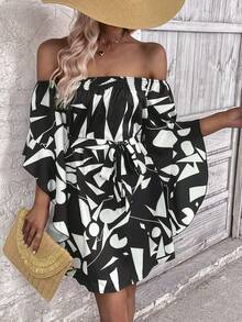 SHEIN VCAY Đầm Thắt lưng Hình học Tất cả trên in Giải trí - Đen và trắng - Xem 3