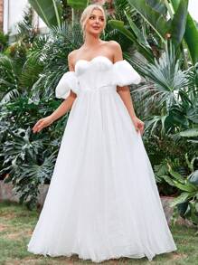 Off Shoulder Puff Sleeve Bustier Satin Wedding Dress - White - View 1