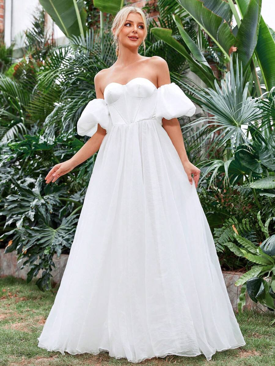 Off Shoulder Puff Sleeve Bustier Satin Wedding Dress - White - View 1