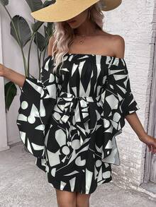 SHEIN VCAY Đầm Thắt lưng Hình học Tất cả trên in Giải trí - Đen và trắng - Xem 4