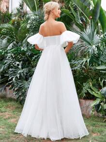 Off Shoulder Puff Sleeve Bustier Satin Wedding Dress - White - View 2