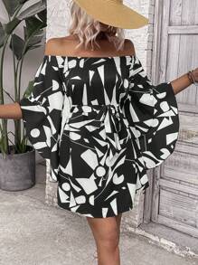 SHEIN VCAY Đầm Thắt lưng Hình học Tất cả trên in Giải trí - Đen và trắng - Xem 5