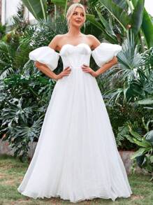 Off Shoulder Puff Sleeve Bustier Satin Wedding Dress - White - View 3