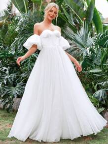 Off Shoulder Puff Sleeve Bustier Satin Wedding Dress - White - View 4