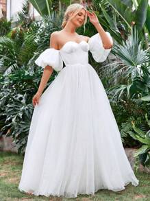 Off Shoulder Puff Sleeve Bustier Satin Wedding Dress - White - View 5
