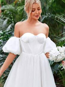 Off Shoulder Puff Sleeve Bustier Satin Wedding Dress - White - View 6