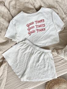 標語圖案休閒服套裝 - 白色 - 查看 1